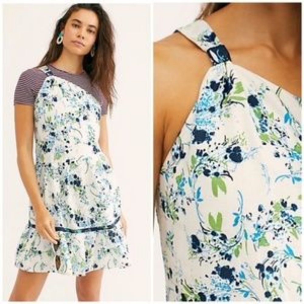free people one shoulder blue boho floral dress